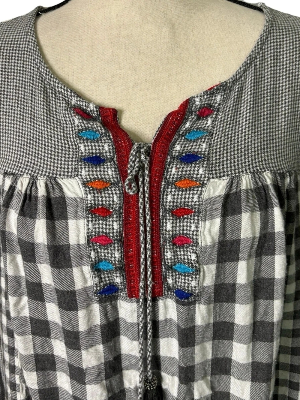 Hannah Black & Wh Check Boho Western Style Top M - Picture 2 of 7